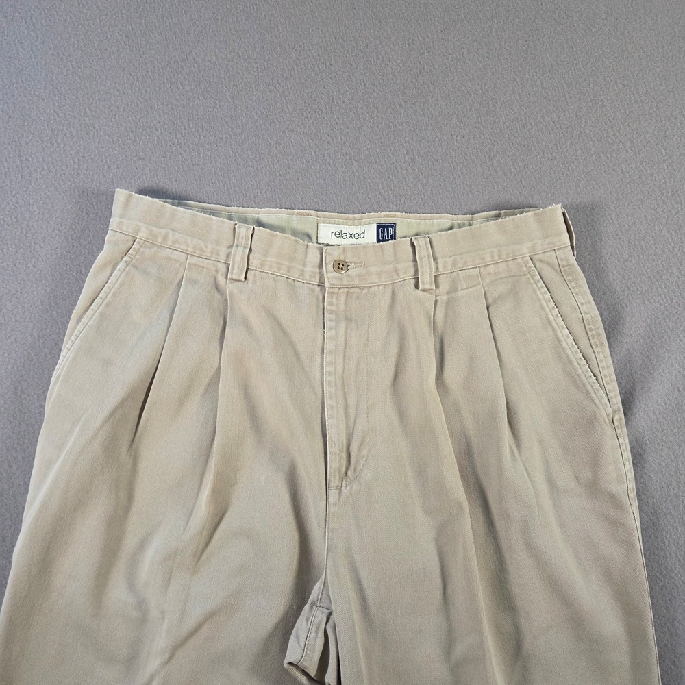 Gap Pants Mens 34x30 Khaki Relaxed Fit Pleated Trousers Cuffed Vintage Easy